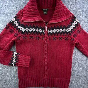 Eddie Bauer Knit Sweater Small Red Full Zip Outdoor Long Sleeve Fair Isle